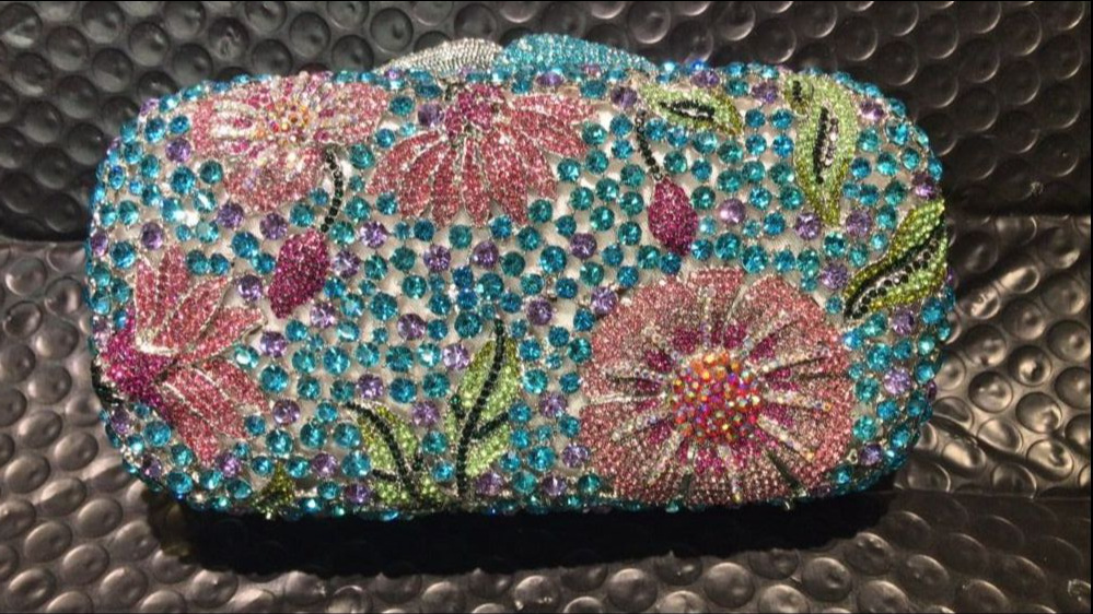 Bolsa de cena de diamantes de flores, caja metálica dura, bolsa de vestir de diamantes, bolsa de mano de banquete europea y americana, bolsa de mujer, embrague de bolsa
