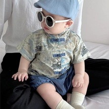 夏季男童汉服短袖套装中国风印花婴儿盘口短袖+短裤夏天清凉2件套