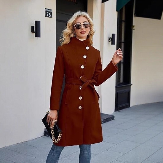 2026 Fall/Winter Cross-Border Best-Selling Women's Trench Coat Single-Breasted Stand Collar Belted Pea Coat In Stock 2026 Fall/Winter Cross-Border Best-Selling Women's Trench Coat Single-Breasted Stand Collar Belted Pea Coat In Stock