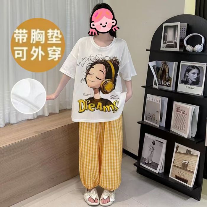 Estilo explosivo transfronterizo al por mayor pijamas con almohadillas para el pecho, pantalones de manga corta para mujer, pintura al óleo de verano, servicio a domicilio, traje de algodón de nube, uso externo