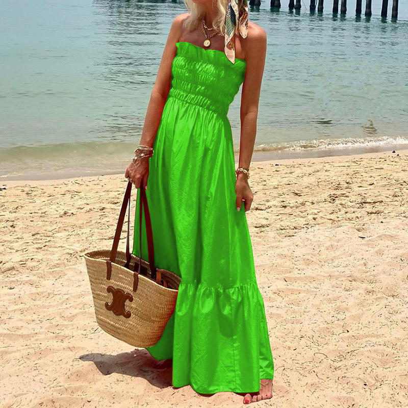 Women's A-line Skirt Tropical Strapless Backless Sleeveless Solid Color Maxi Long Dress Travel Beach display picture 7