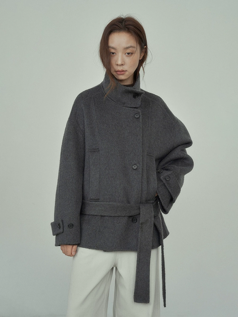 Short double‑side wool jacket, women's retro winter leisure, belted, one size
