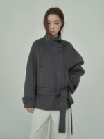 Short double‑side wool jacket, women's retro winter leisure, belted, one size