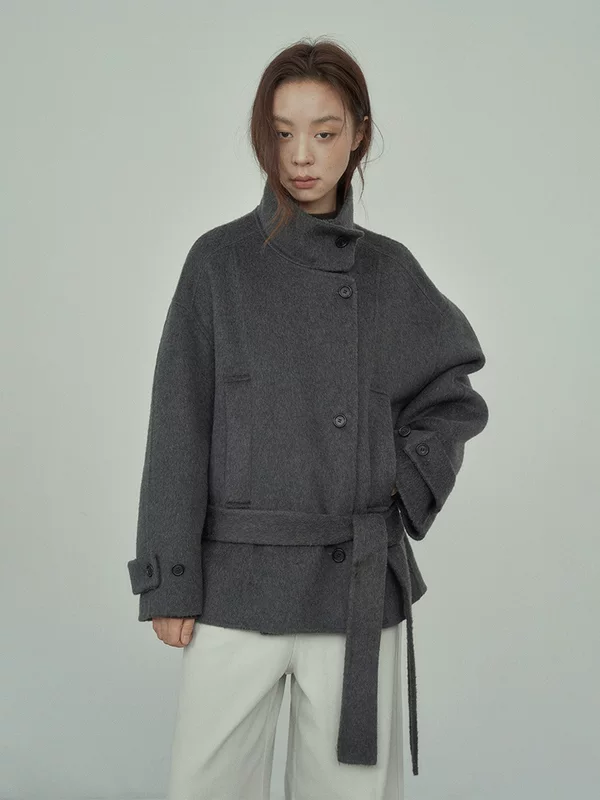 Short double‑side wool jacket, women's retro winter leisure, belted, one size