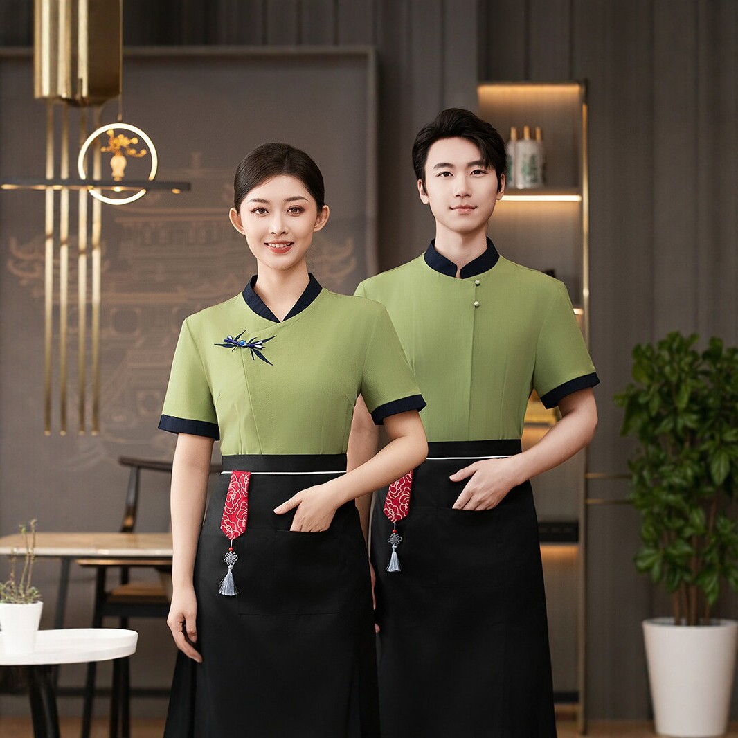 New Chinese-style waiter uniform, summer short-sleeved, restaurant and tea shop uniform for men and women.