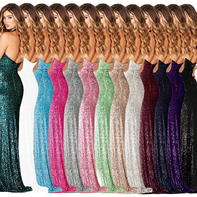 Women's Party Dress Elegant Sexy Halter Neck Sequins Sleeveless Solid Color Maxi Long Dress Banquet Party display picture 3