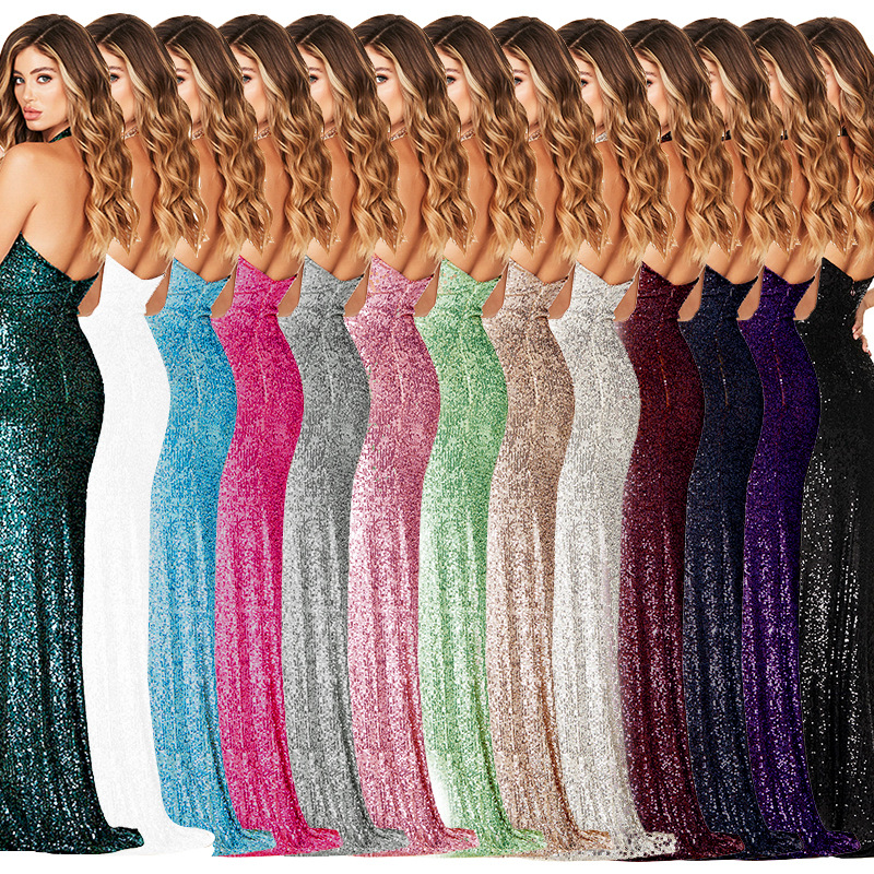 350g Weight Maxi Long Dress Dress Length Type Sleeveless Sleeve Length Party Dress Dresses Type Spandex, Polyester Fabric Type High Waist Waist Line Banquet, Party Occasion Halter Neck Neckline Slim Fit Type Solid Color Pattern Summer, Spring, Autumn Season Women's Gender Sequins Design Elegant, Sexy Style Wholesale Women's Elegant Sexy Sequins Solid Color Banquet Party Halter Neck Sleeveless Party Dress 2