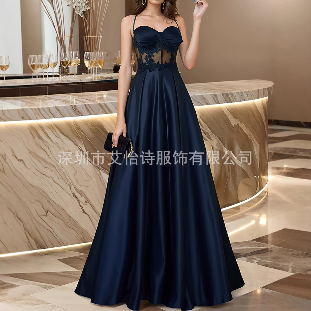 Cross-border European and American Elegant Strap Long Dress with Chest Pad Slim-fit Banquet Light Luxury Elegant Dinner Annual Evening Dress