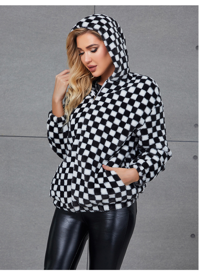 Women's imitation fur outerwear black and white checked short coat_voghion.com