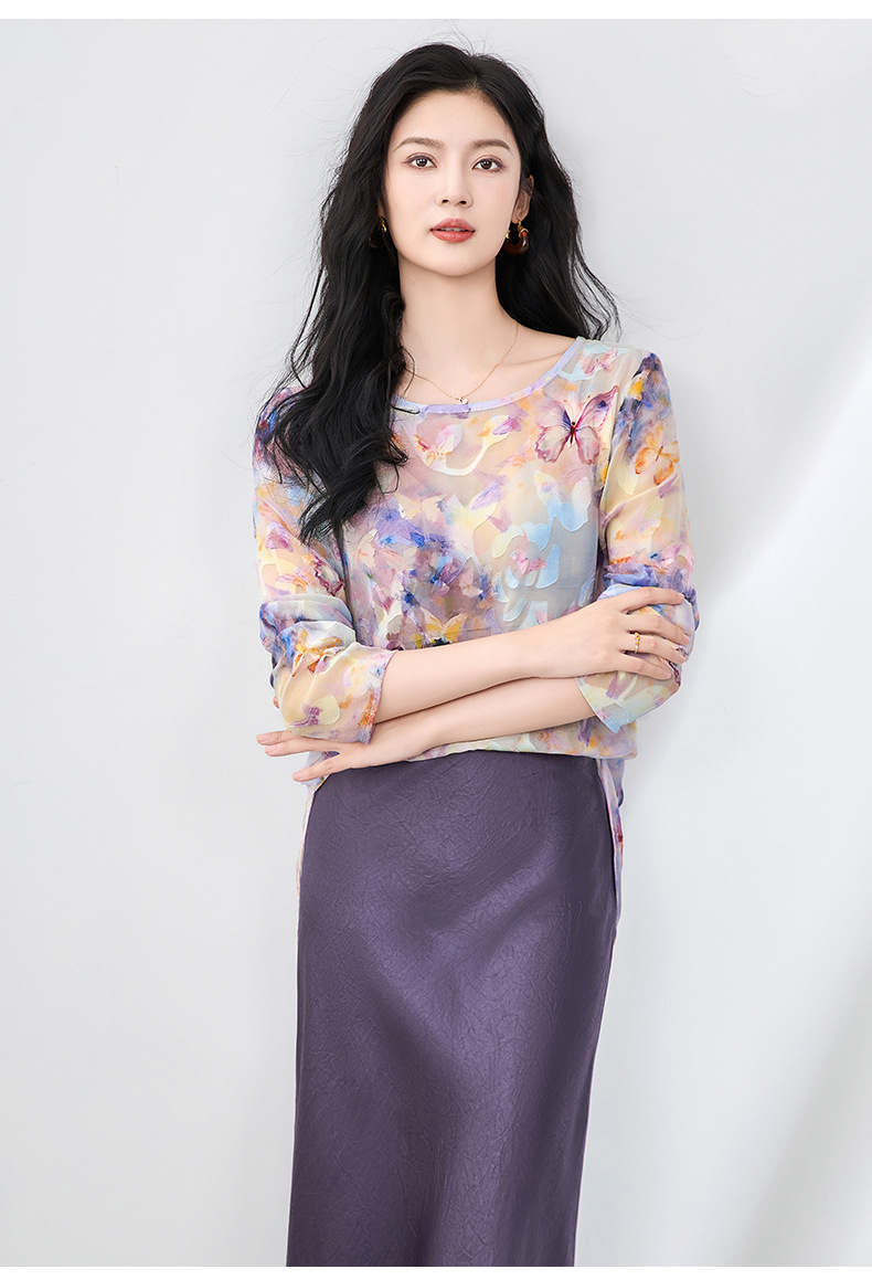 Áo sơ mi cổ tròn phong cách Tân Trung Hoa, chất liệu voan cắt hoa thanh lịch, tay ngắn mùa hè — Hoa bướm màu hồng chi tiết 25