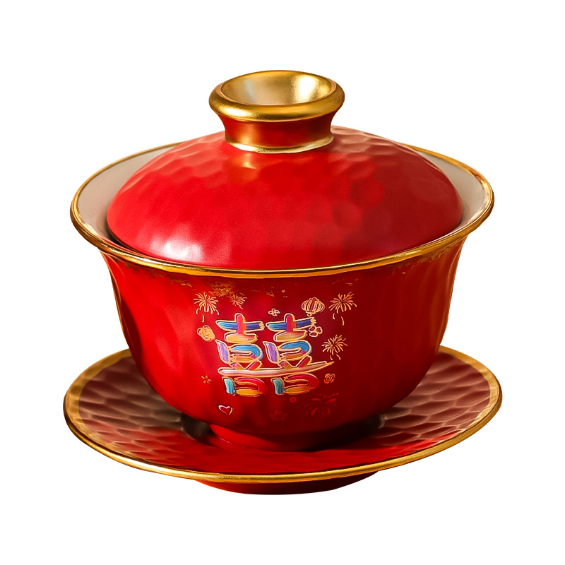 Matrimonio con un juego de tazas de té, un par de cubiertas de tazón rojo, artículos de té, artículos de boda, artículos de boda.
