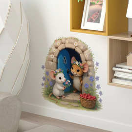 小老鼠墙角装饰贴画浴室墙角房门小动物开门可移除墙贴画跨境代发