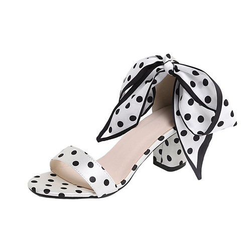 Cross-border foreign trade large size high heels sandals, women's polka dot ribbon bow 2026 summer strap, word belt, thick heel