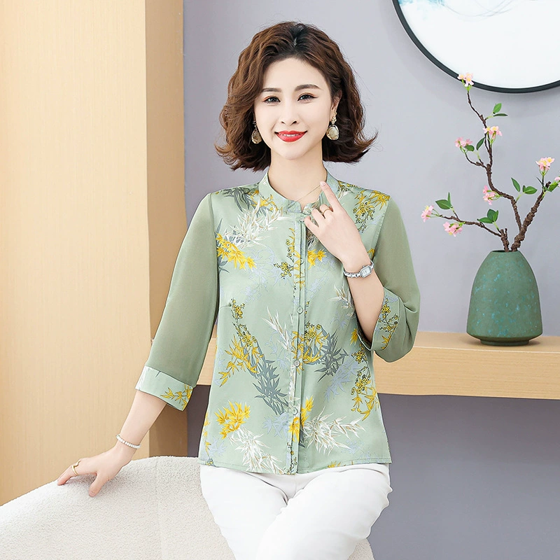 Мама средних лет одеваются имитация шелковой цветочной футболки 2024 летняя новая национальная рубашка