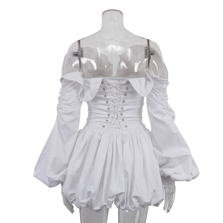 Sexy Draped Women Lantern Sleeve Tube Top Cinched Waist Lace up Top Pettiskirt Two Piece Sets