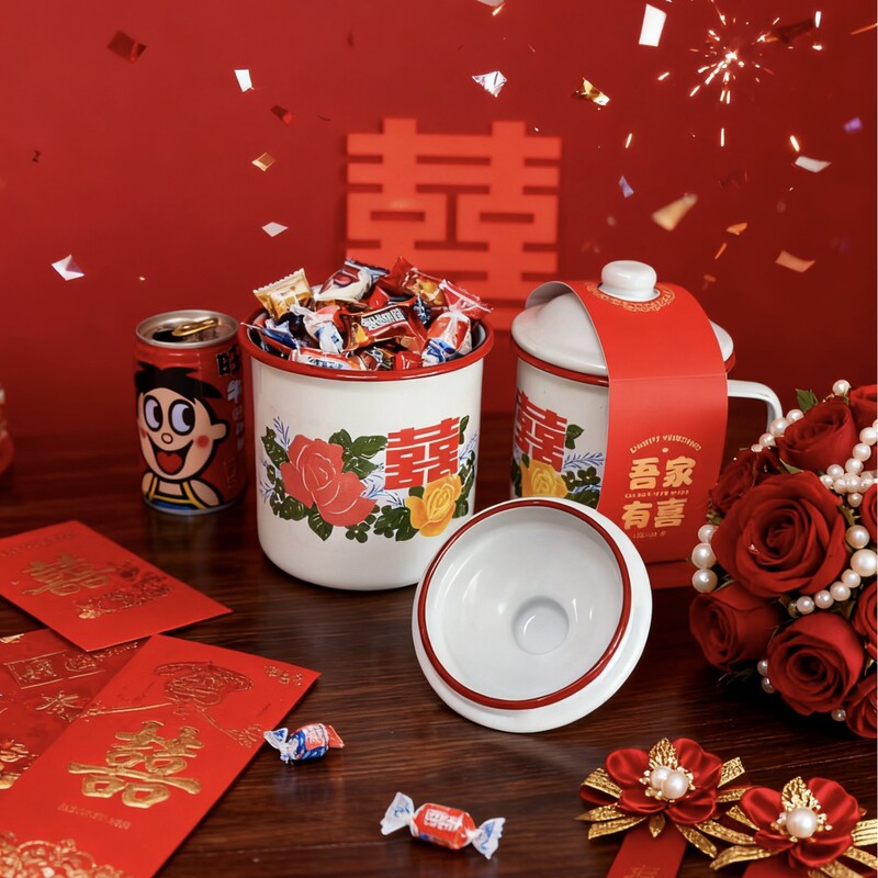 New Double Happiness Enamel Mug with Red Rim, Wedding Candy Cup, Vintage Enamel Wedding Candy Box, Enamel Tea Jar, Wedding Gift New Double Happiness Enamel Mug with Red Rim, Wedding Candy Cup, Vintage Enamel Wedding Candy Box, Enamel Tea Jar, Wedding Gift