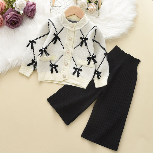Girls bow sweater cardigan + woolen knitted wide-leg pants two-piece set little girl autumn sweater suit for outer wear