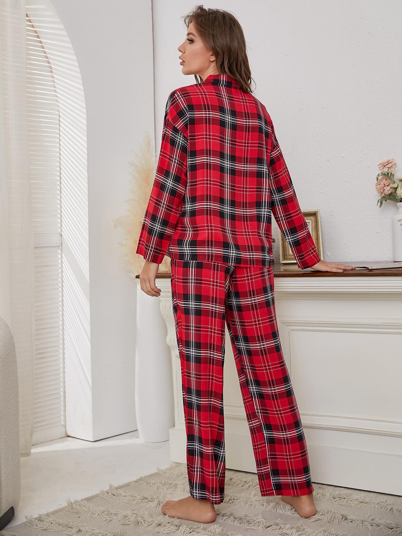 women red plaid long sleeved autumn and winter home clothes two piece set that can be worn outside foreign trade  _voghion.com