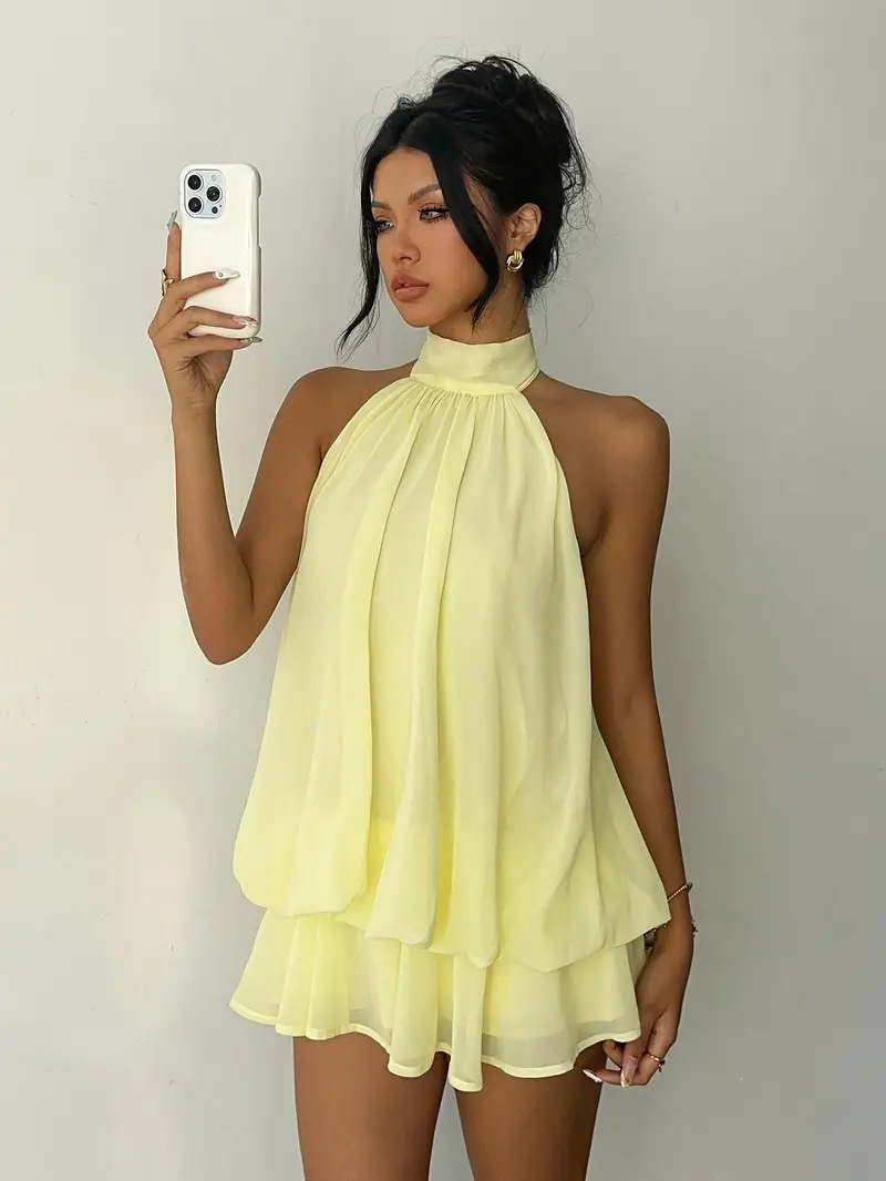 Sexy Mesh Halter Neck Tea Break Dress For Women Summer Beach Vacation Stylish Hot Girl Party Dress_ecoleips.com