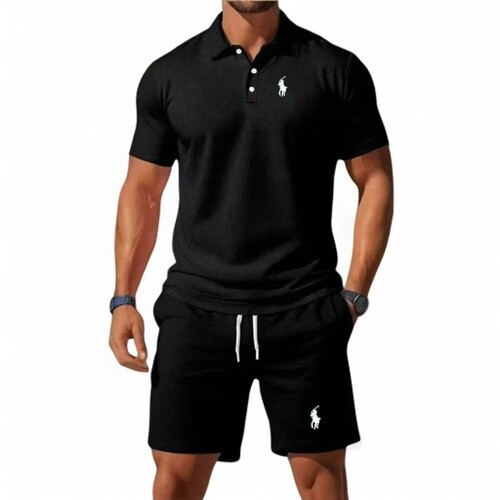 2025 Men's Summer Casual Sports Fitted Collar POLO Shirt Mesh Short-Sleeve Shorts Set