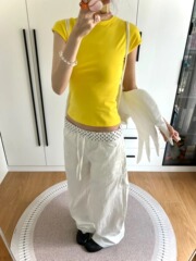 【现货】美式波点腰头拼接休闲阔腿裤女2025夏街头松紧腰白色垂感