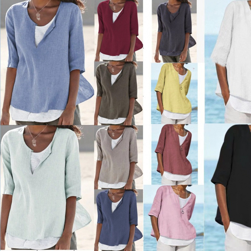 2025 Spring and Summer European and American Cross-Border Wishebay V Neck Pure Color Cotton and Linen Large Size Mid-Sleeve Women's Shirt