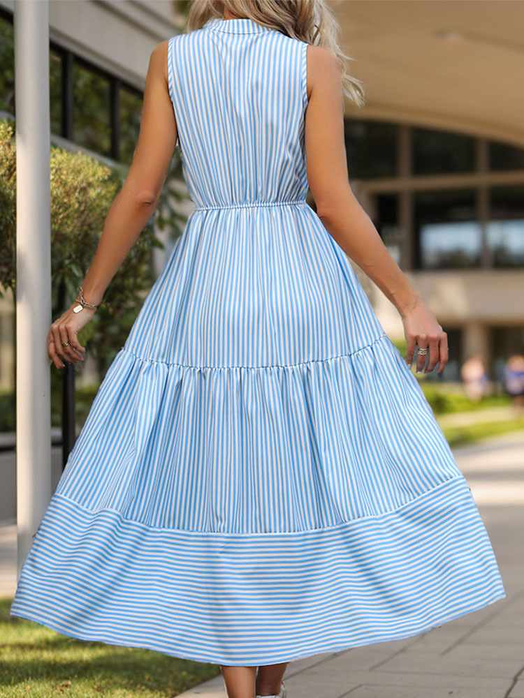 Summer Long Dress Women Clothing Vertical Stripes Sleeveless Dress