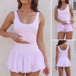 AYM038862 Plaid Print Yoga Set With Padding Anti-Exposure Camisole Bubble Skirt Aoyema wholesale