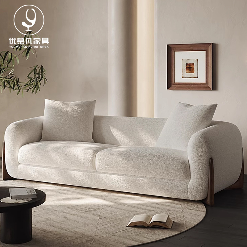 Italian Minimalist Wabi-Sabi Style Teddy Velvet Fabric Sofa Designer Cream Style Small Apartment Solid Wood Sofa