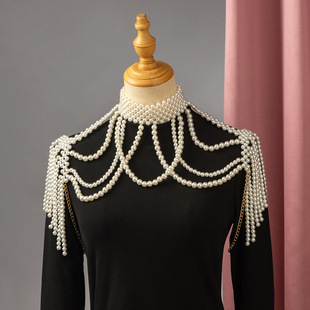 A Gorgeous Bridal Shoulder Accessory Handmade Imitation Pearl Large Necklace Hollow Multi-Layer Body Chain Retro Wedding Dress Accessory