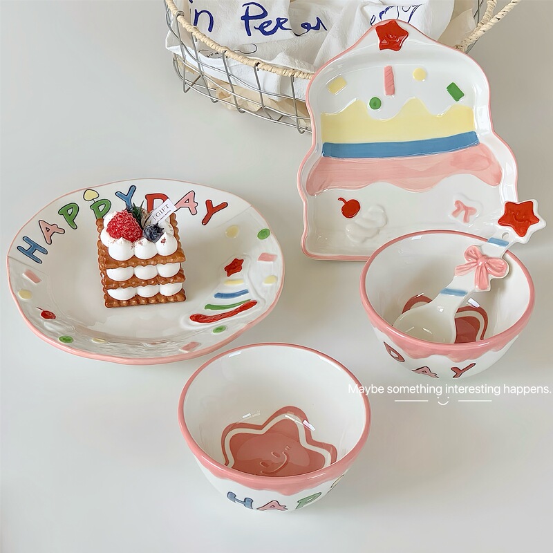 Creative Underglaze Colorful Tableware Bowl Butterfly Plate suit Household Ceramic Breakfast Bowl Girl's Heart Dessert Yogurt Bowl Internet Red Bowl