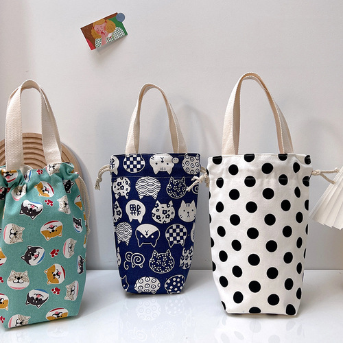 Universal thermos cup cover with carrying rope, portable canvas, cute cartoon water cup cover, portable storage bag
