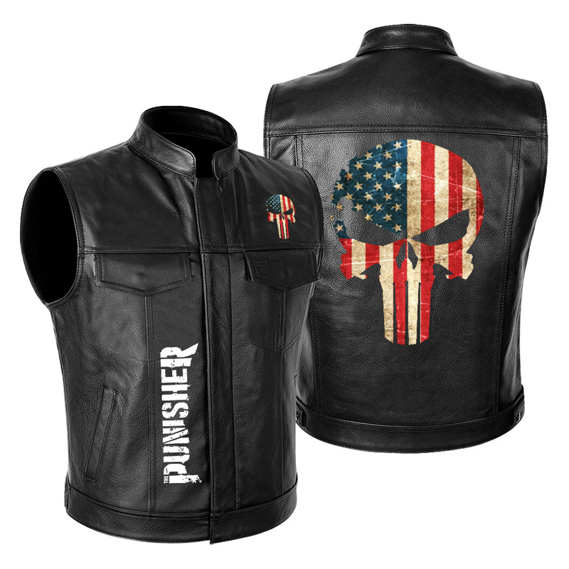 New American TV series Punisher Motorcycle Leather Jacket Vest Jacket Motorcycle PU Leather Printed Men's Riding Clothing