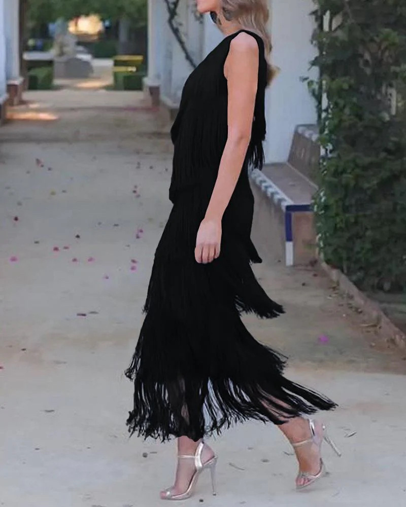2024 Spring Summer New European And American Foreign Trade Fashion Tassel Asymmetric Off-Shoulder Dress Evening Gown_ecoleips.com