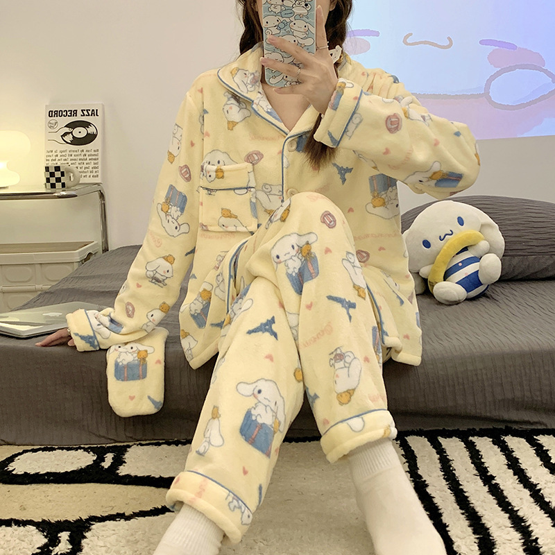 Dibujos Animados pijamas calientes de las mujeres franela solapa Otoño e Invierno cardigan manga larga enviar máscara ojo lindo hogar desgaste traje