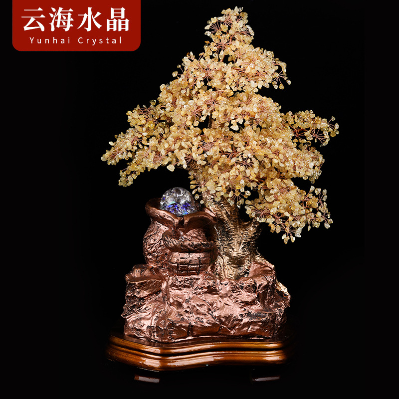 天然水晶发财树黄水晶碎石招财树山水景观底座带灯珠办公、文化实拍产品高清图