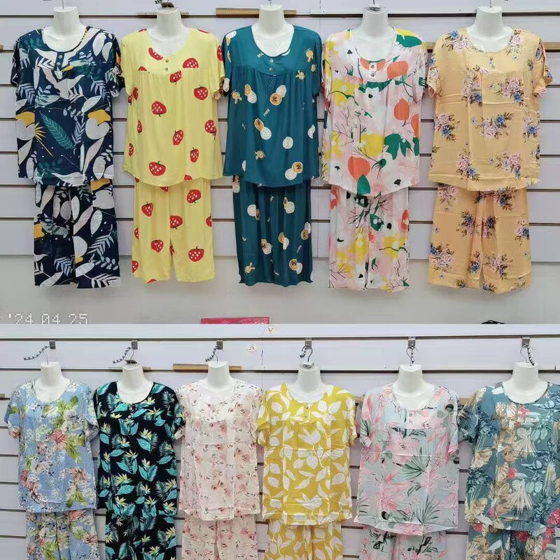Women's Summer Cotton Silk Home Wear Short-Sleeved Middle-Aged and Elderly Plus Size Mom's Pajama Set Simple and Casual