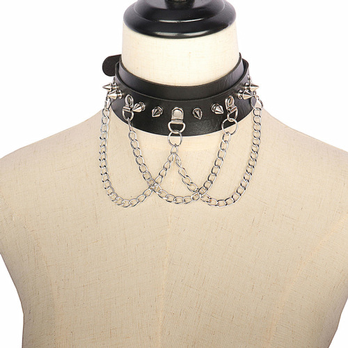 European and American punk gothic dark leather collar personalized irregular rivet chain PU necklace choker