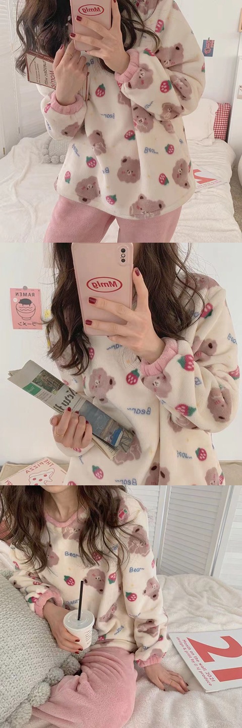Home Women's Cartoon Style Cartoon Velvet Polyester Printing Pants Sets Pajama Sets display picture 3