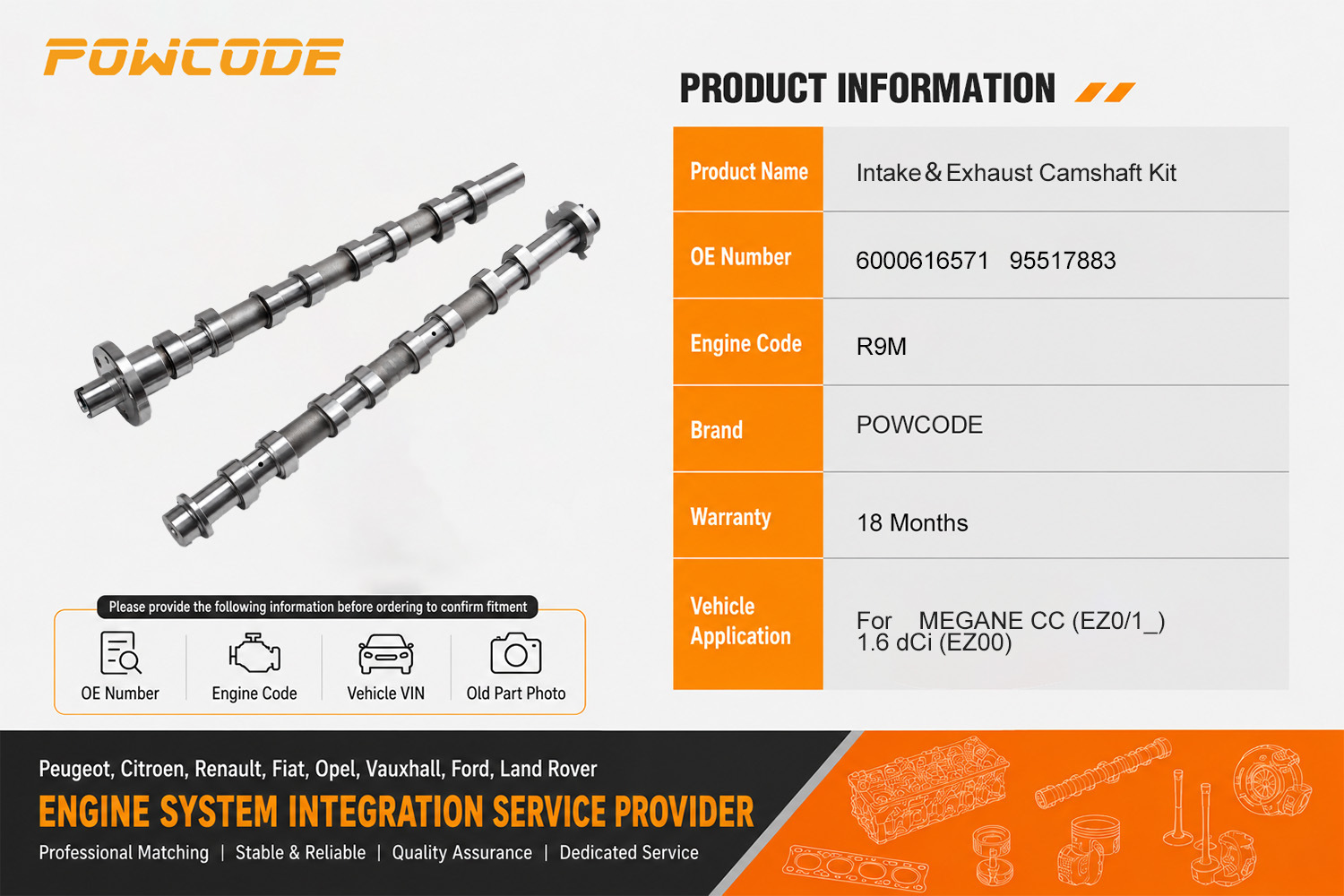 130011597R 130015174R is suitable for Renault R9M and Mercedes-Benz 1.6dci engines, specifically for the camshaft assembly