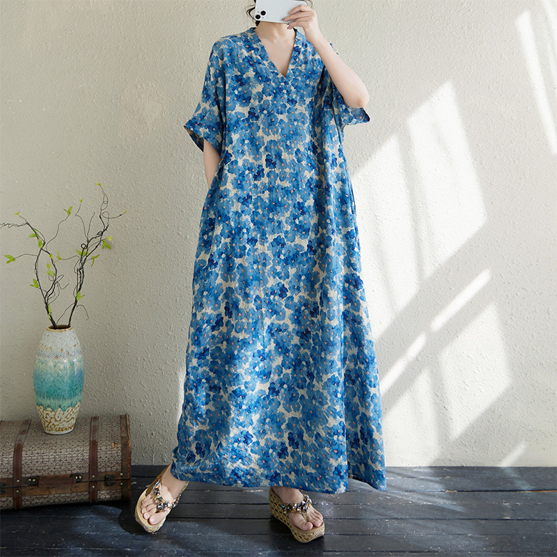 Real Shot Summer V-Neck Thin Cotton and Linen plus size Loose Artistic Holiday Beach Dress Retro Meat Covering Long Gown Real Shot Summer V-Neck Thin Cotton and Linen plus size Loose Artistic Holiday Beach Dress Retro Meat Covering Long Gown