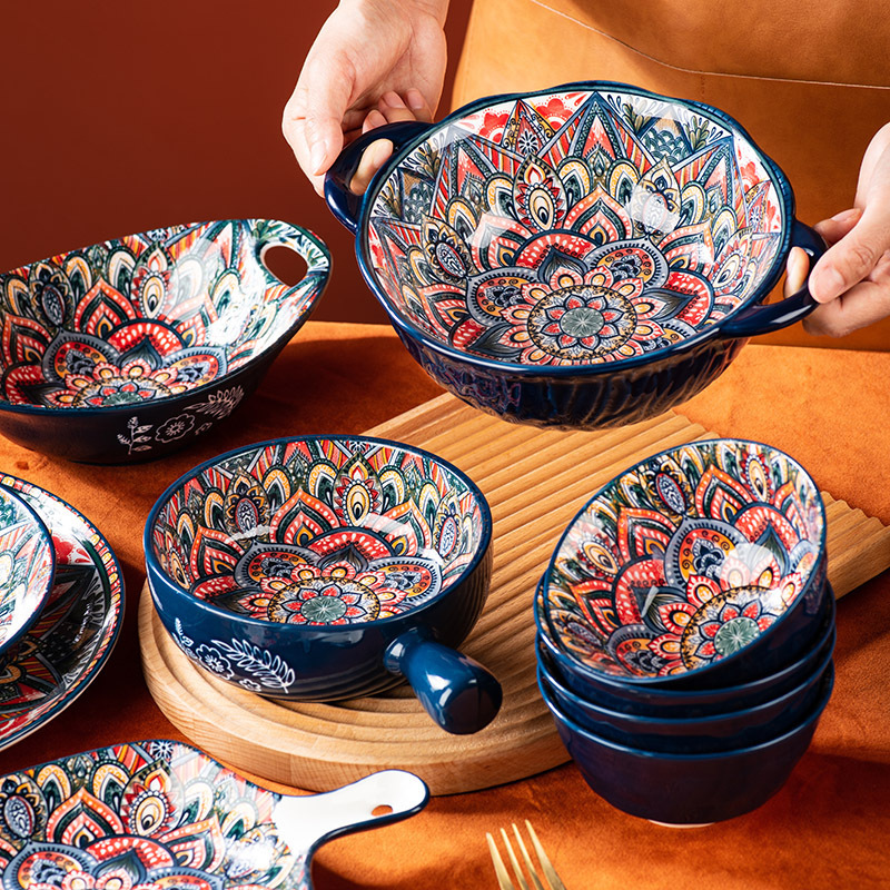 Ceramic Bowl household creative cross-border tableware suit large soup bowl noodle bowl rice bowl salad bowl retro plate dish