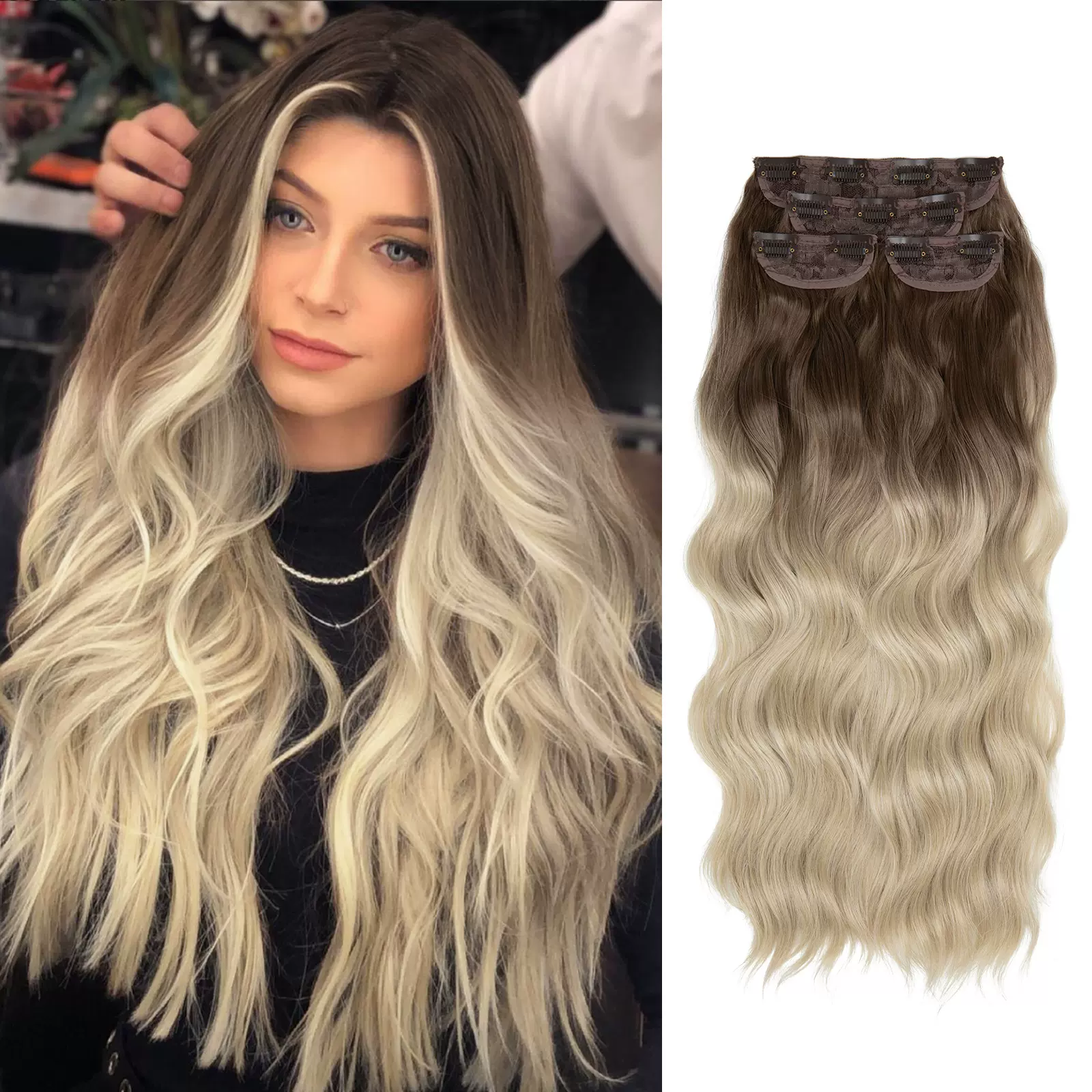 欧美跨境假发片长卷发女水波纹四件套假发一片式卡子发接发片hair