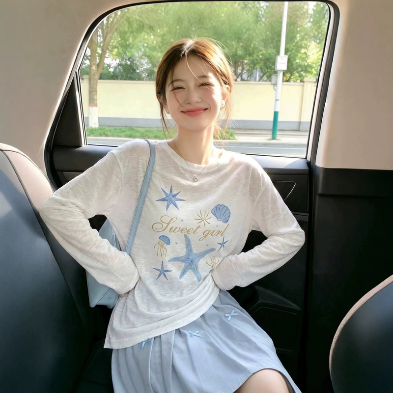 2026 Korean style summer new fashion loose printed cartoon long-sleeve T-shirt top, sun protection thin top cover-up 2026 Korean style summer new fashion loose printed cartoon long-sleeve T-shirt top, sun protection thin top cover-up