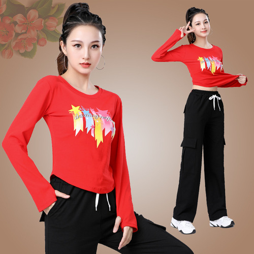 Square Dance Clothing Women's Sport Set Autumn Long Sleeve Top Work Pants Cotton Middle-Aged Performance Dance Clothing