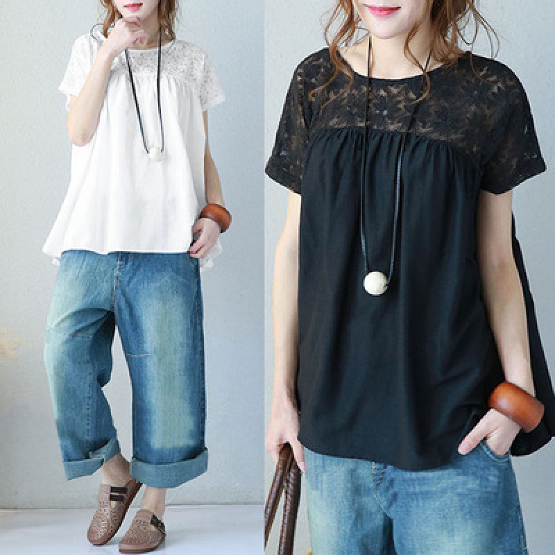 Summer Short-Sleeved Shirt, Large Size Women's Floral Patchwork Shirt, Solid Color Top, New