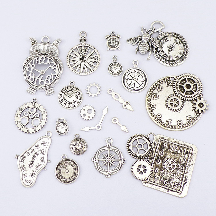 DIY alloy accessories alarm clock ancient silver clock pendant bracelet necklace sweater chain hip hop pocket watch pendant