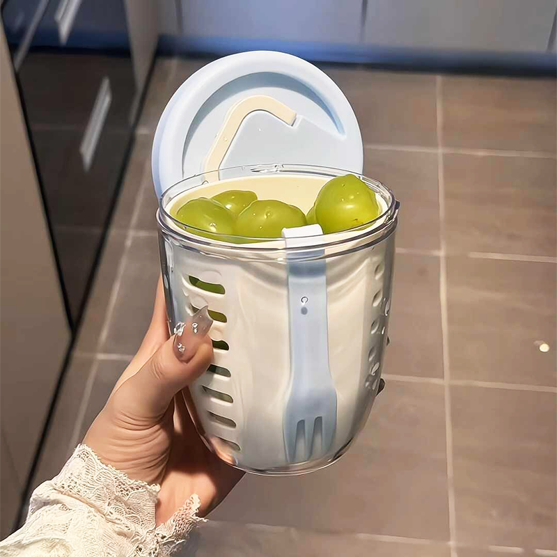 파란색 뚜껑이 있는 흰색 컵 [포크 포함] 650ml [뚜껑이 있는 업그레이드 버전]