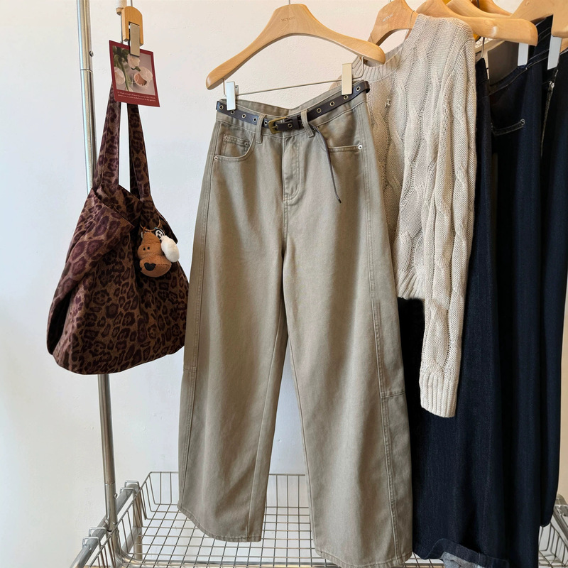 Great fit! Dongdaemun rivet belt two-color loose straight-leg jeans for women, slimming casual pants for work, new autumn collection Great fit! Dongdaemun rivet belt two-color loose straight-leg jeans for women, slimming casual pants for work, new autumn collection