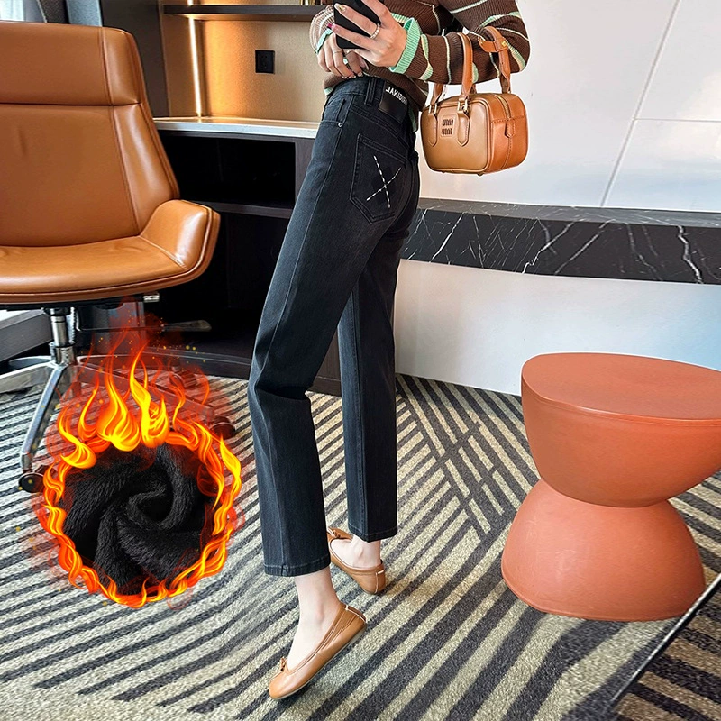 Осенние и зимние новые бархатные джинсы с высокой талией